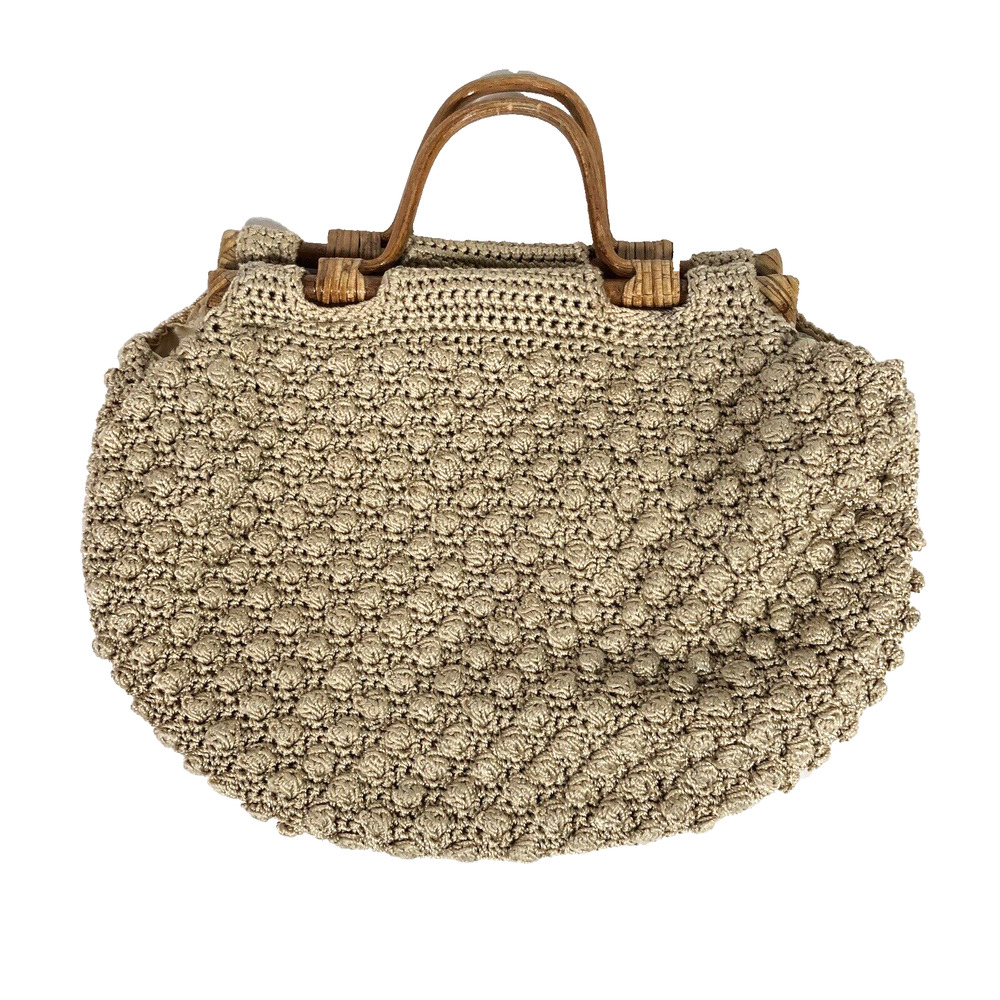 Vintage Crochet Wood Handle Handbag Tan Bauble Bubbles Lined Retro Neutral Beige